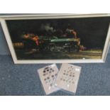 After Terrence Cuneo, locomotive King George V at speed in a nighttime setting, coloured print,