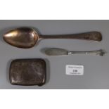Early 19th Century silver spoon (1.95 troy ozs), a silver fish knife and silver cigarette case (both