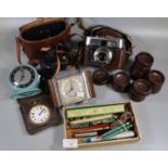 Box of oddments to include; 8 day Swiss made travelling alarm clock in leather case, vintage