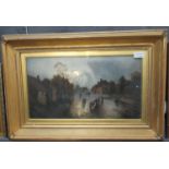 British School (early 20th Century), a winters day, a street scene at dusk with figures, oils on