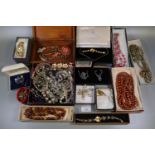 Box of assorted costume jewellery to include; mosiac bangle, necklaces, brooches, dress watches,