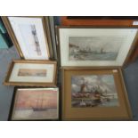 A group of assorted watercolours and other pictures to include: maritime prints; 'Lightning -