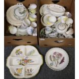 Two boxes of assorted china to include; Portmeirion 'The Botanic Garden' flan tray and mugs, West