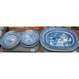 Two trays comprising 19th Century blue and white 'Willow' transfer printed oval meat dishes and
