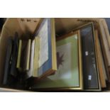 A box of assorted furnishing pictures; watercolours, prints, framed indenture etc. (B.P. 21% + VAT)