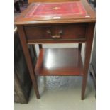 Reproduction mahogany leather top single drawer lamp table with under tier on square tapering