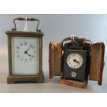 Small French carriage clock with full depth white enamel Arabic face and back winding movement, 11.