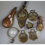 Collection of horse brasses, napkin rings, a repousse shot flask etc. (B.P. 21% + VAT)