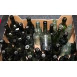 Box containing various coloured and clear glass bottles many named to include; Hargreaves & Sons