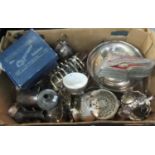 Box of metalware to include; boxed 'The Cyprane Inhaler' portable anaesthetic machine, milk jug, two