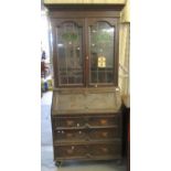 Early 20th Century oak two stage stained and leaded glass cabinet back bureau bookcase. (B.P.