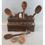 19th Century traditional Welsh oak two tier spoon rack with six cawl spoons. (B.P. 21% + VAT)