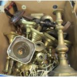 Box of mainly brassware to include; various candlesticks, blowtorch, flat iron etc. (B.P. 21% + VAT)