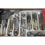 Box of assorted metalware, mostly loose cutlery, some Walker & Hall, one Wedgwood Jasperware fork