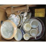 Box of assorted items to include; treen, butter pats, money box marked 'India for Christ, Welsh