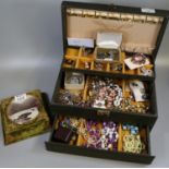 Jewellery box comprising assorted costume jewellery: brooches, necklaces, silver enamelled brooch,