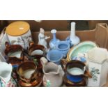 Box of assorted china to include; copper lustre dresser jugs, other dresser jugs including Gaudy