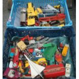 Two boxes of assorted play worn diecast vehicles to include; Tonka digger, Tri-ang railways 7482
