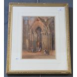 Continental School, abbey church doorway with figures, 34 x 24cm approx. Framed. (B.P. 21% + VAT)