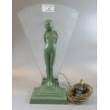 Art Deco painted metal table lamp base with frosted back and a study of a nude female on geometric