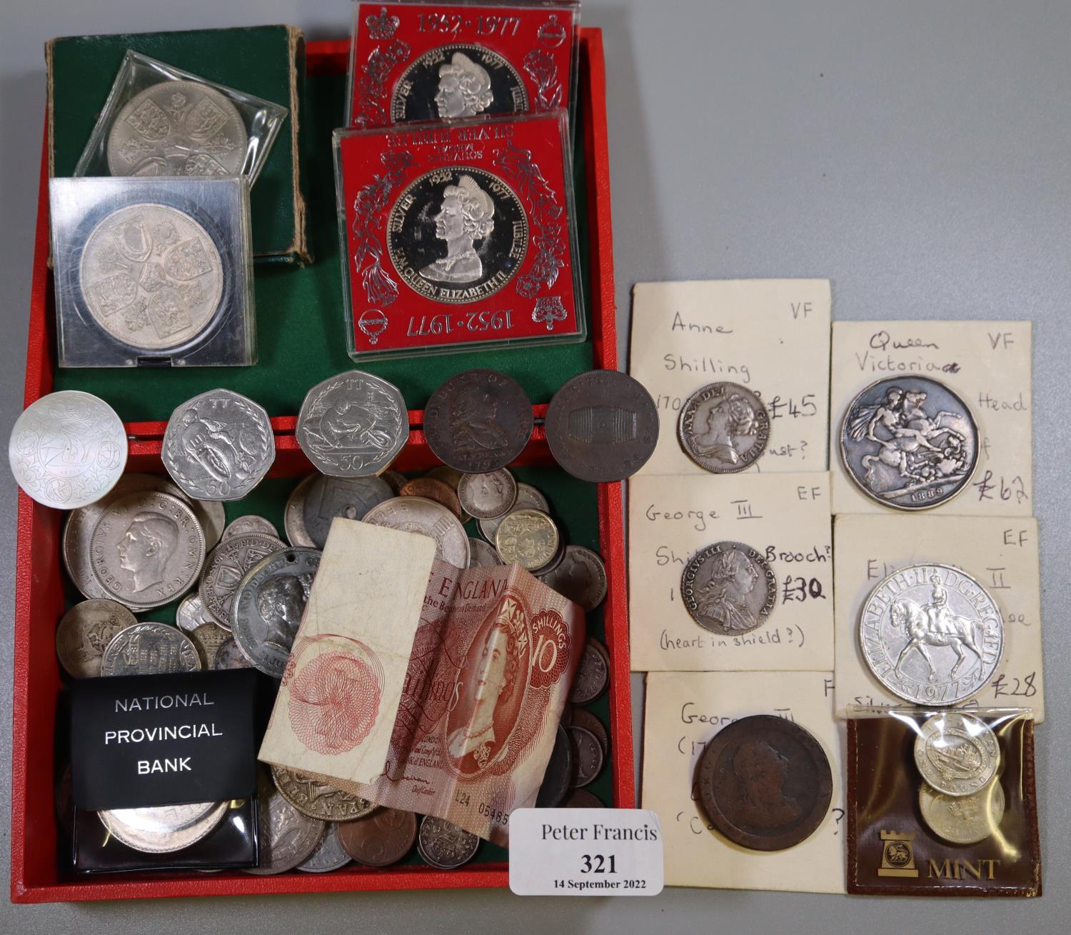 Small box of assorted coins and bank notes to include; crowns, 10 shilling note, Victorian silver