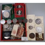 Small box of assorted coins and bank notes to include; crowns, 10 shilling note, Victorian silver