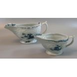 Two similar 18th Century Lowestoft porcelain sauce boats with under glazed blue oriental style man