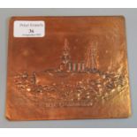 Early 20th Century repousse copper panel laid on brass depicting a British Dreadnought battleship '