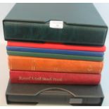 Box with five empty stockbooks, boxed Prestige Album with pages and Linder binder and Slipiane. (B.