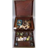 19th Century jewellery box revealing assorted costume and silver jewellery to include; a silver