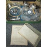 Box of mostly glassware to include; various moulded glass dressing table items, two handled punch