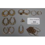 9ct gold jewellery including; three pairs of earrings, three rings, bracelet etc. 12.3g approx. (B.