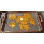 Early 20th Century walnut two handled poker work tray, overall decorated with grapes and vines. (B.