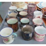 Tray of 19th Century mugs, transfer printed designs, lustre, copper lustre, Imari etc. (B.P. 21% +