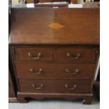 Edwardian mahogany inlaid fall front bureau, having a bank of two short and two long drawers on