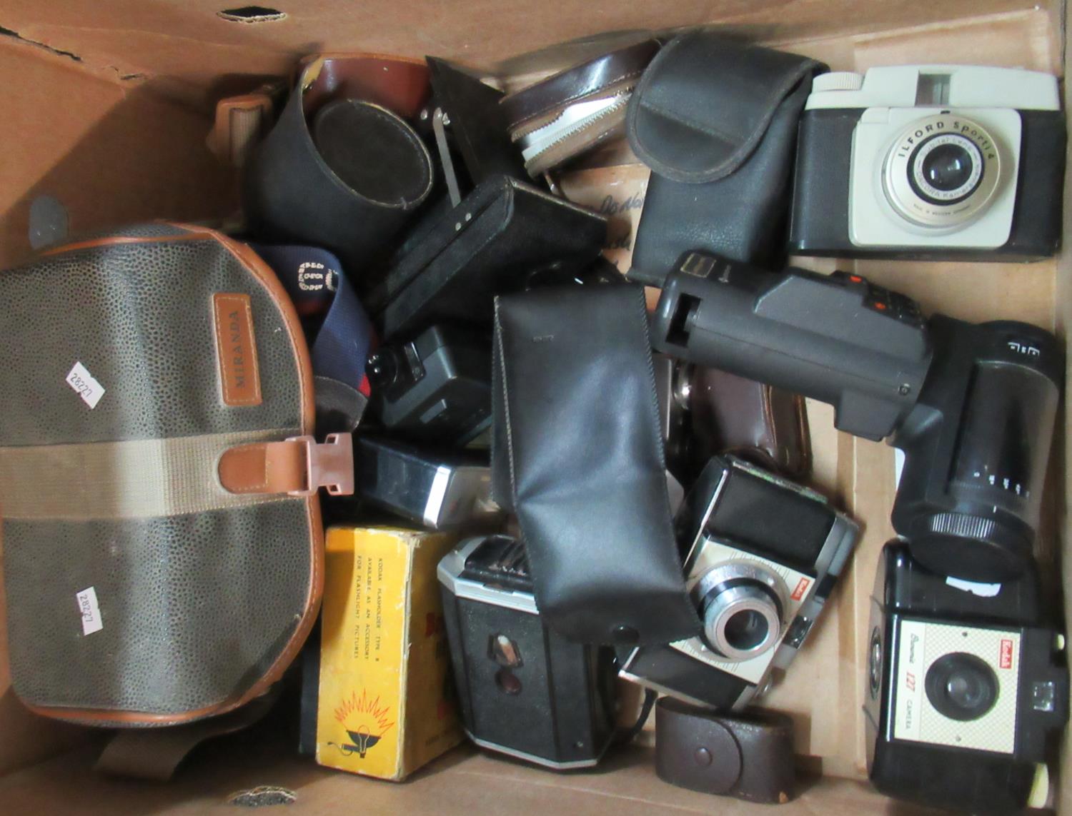 Box of assorted cameras and camera equipment to include; Ilford Sporti 4 camera, various Kodak