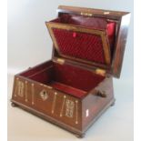 19th Century rosewood and mother of pearl inlaid sarcophagus shaped writing or work box on pad feet.