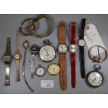 Plastic tub of assorted watches, silver open faced pocket watch marked John Thomas Carmarthen,