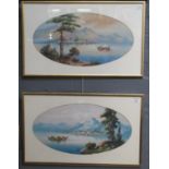 H Salari, Italian lake scenes, a pair, watercolours and gouache. Oval. 29 x 58cm approx. Framed
