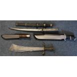 Two modern Parang type bush knives, a theatrical type Arab style short sword and a theatrical type