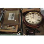 Box of assorted framed prints, portraits etc. Together with a 19th Century two train wall clock