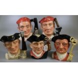 Five Royal Doulton character jugs to include; character jugs from Williamsburg, 'Gunsmith', 'Night