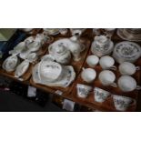 Four trays of Aynsley mostly 'Pembroke' design items to include: teacups and saucers, milk jug,