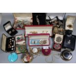 Box of assorted costume jewellery and other items to include; vintage and other brooches, lockets