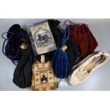 Box of late 19th/early 20th Century textiles and ladies fashion accessories: drawstring bags; velvet