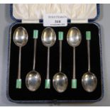 Cased set of six Art Deco design silver coffee spoons. Birmingham hallmarks. 1.6 troy ozs approx. (