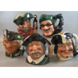 Five Royal Doulton character jugs to include; 'Sancho Panca', 'Smuggler', 'Robin Hood', 'Dick