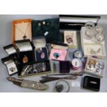 Box of assorted silver and other items to include; tie pins, brooches, button hooks with silver