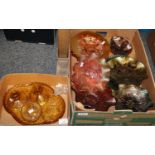 Two boxes of glassware; one box of various carnival glass bowl and the other containing a yellow