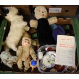 Box of vintage toys to include soft toy camel, monkey, elephant, miniature wooden painted furniture,